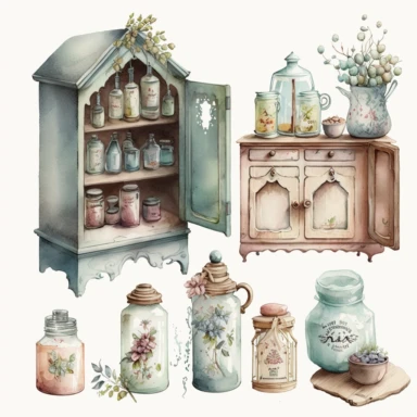 Watercolor Vintage cabinets in the kitchen, in delicate shades, watercolor, hyperrealism, high detail, separate elements, set, clipart