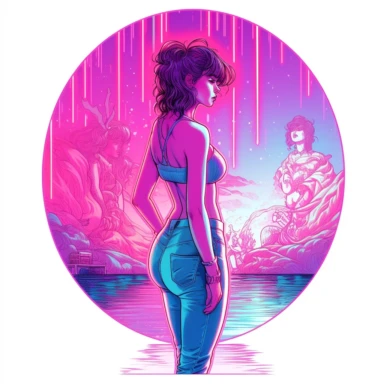 synthwave-styled hot woman watching herself in the mirror, full-body , watercolor , in the style of dan mumford, light magenta, tropical symbolism, cute and colorful, transparent layers, rounded, vibrant and colorful, clipart, white background, high detail, individual elements