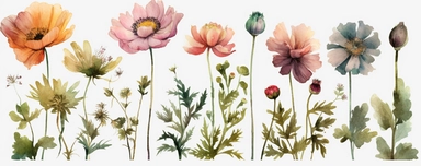 stunning clipart artworks of flowers and plants in a light and minimalistic style, The focus will be on the delicate beauty of each individual flower or plant, which will be separated from the others and isolated on a white background, Use a prominent watercolor style to make it evident that each artwork was painted using the delicate and intricate watercolor technique, Use light colors to bring out the softness of the flowers and plants, while keeping the overall design minimalistic, Each clipa
