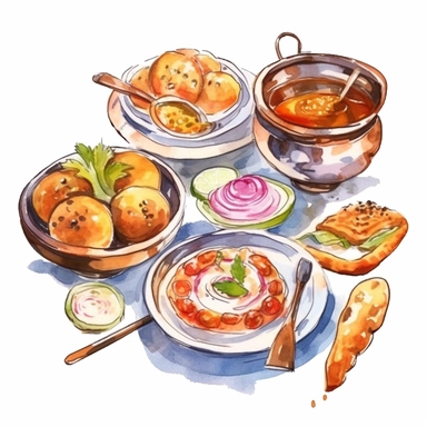 watercolor clipart illustration on a white background of Indian Cuisine: Depictions of traditional Indian wedding foods, such as biryani, samosas, or sweets like jalebis.