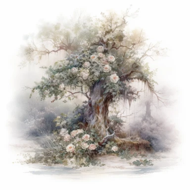 isolated on white illustration watercolor art of a part of tree in forest, overgrown with white and light pink roses and flowers, covered with snow and ice, a lot of moss and branches, lace and embroidery, masterpiece by Tomasz Alen Kopera style and by Carl Holsoe style and by James C. Christensen style and by Alexander Jansson style, Baroque Architecture, PNG clipart, isolated on white, white background, extreme photorealistic details, 32k HD resolution, realistic high detailization high resolu