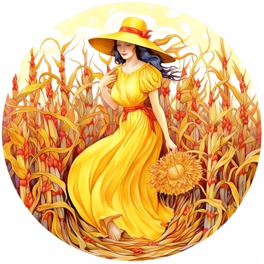 clipart farm woman wearing flowing dress surrounded by corn on cob