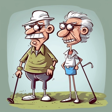 wacky, funny cartoon of an old man and lady playing golf. Clipart, cartoon, vector graphic.