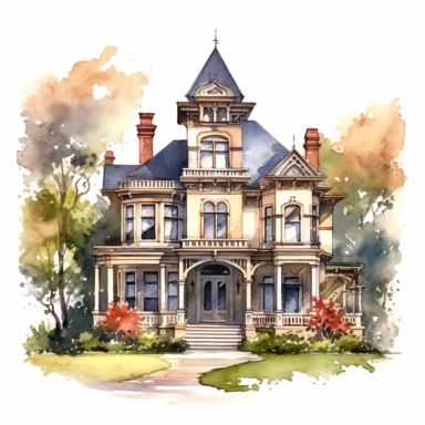 Experience the timeless elegance of Victorian House Mansion brought to life through our stunning Watercolor Clipart. Each illustration is meticulously crafted, capturing the intricate details and charm of this architectural style against a solid white background