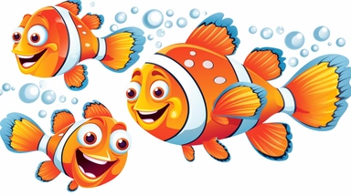 Multiple Brightly Colorful Cartoon Clown Fish and Waves clip art. Image depicting Happy Fish with sparkling scales that have double flowing Flippers, Fish are swimming, playing and laughing. No rouge faces. Each element of the Design is to be individual and totally separated and isolated on White Background, 2d Vector Clip Art for use in other designs