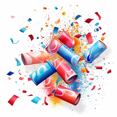 Party Poppers and Confetti: Design clipart featuring party poppers or handheld confetti launchers. Show confetti exploding out of the poppers in vibrant colors to create a festive and celebratory effect.patriotic pattern, stars and stripes, red white and blue, delicate detail, watercolor, in the style of artgerm, 2d game art, quadratura, clipart, on white background,