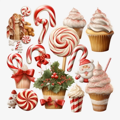winter decorative items, santa claus, candy cane, hats, christmas gloves, christmas food, png style, for clipart