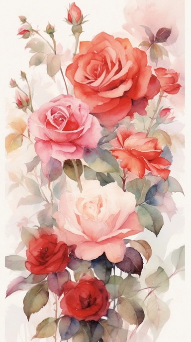 A mesmerizing clipart of Roses, rendered in a breathtaking watercolor style, presented on a white painting canvas with a 9:16 aspect ratio. The clipart showcases a vibrant collection of roses, ranging from deep crimson to soft pastel shades. Each rose is intricately detailed, with delicate petals and lush green leaves that exhibit the artist's skillful brushwork. The watercolor technique brings a sense of movement and fluidity to the artwork, with the colors blending harmoniously on the canvas. 