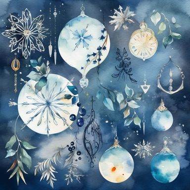 Design a collection of watercolor clipart images featuring elegant Christmas motifs such as snowflakes, stars, and ornaments. The images should have a sophisticated, upscale feel with clear lines and rich, luxurious hues. The clipart should be suitable for use in upscale holiday party invitations and other similar projects