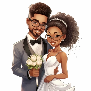 portret of a Cartoon wedding pair, just married, cute family, style by Lusy Fleming, clipart elements, smooth gradients, black contour outline, ultra detailed, white background, super clear, high quality