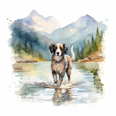 Painting and Illustration Watercolor Print Portrait of Dog Walking in Water with Mountain Behind Him Wall Art Clipart Printable Art Watercolor Painting Watercolor Appaloosa Mountain Dog Art Udal Art for Commercial Use