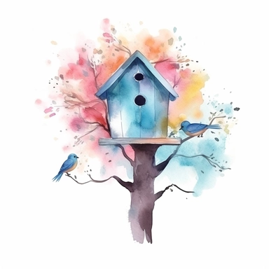 Vector clipart, isolated on white background, beautiful lovely Watercolor Spring wooden bird house hanging on the blue bloming tree, ornated, pastel and saturated colors