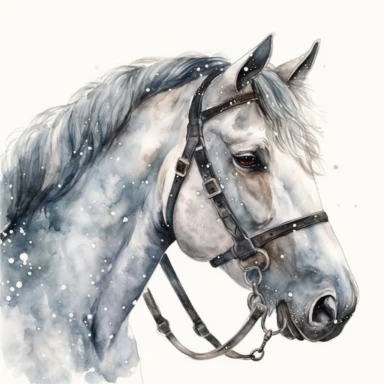 adorable watercolor winter illustration clipart, horse portrait in the snow, winter, highly detailed, markers copic style, white background