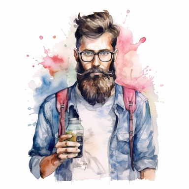 close shot of a man with beard and stylish haircut, barbar, holding sizer and barbar stuff, water color clipart, White background