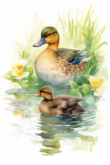 Adorable mother and baby duck, lake, countryside, pastel colours, ornamental watercolor clipart, white background, I can’t believe how beautiful this is