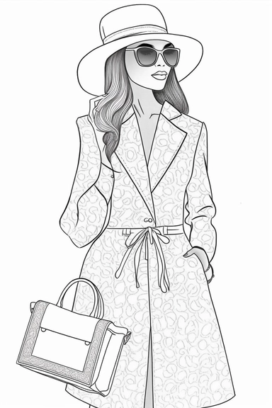 coloring pages for adults, clean lines, beautiful african american women, clipart, fashion, full body, hat, purse, heels, pants, jacket, shirt, handbag, boss