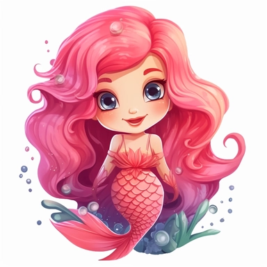 a single clipart image png graphic of a Realistic 2D cute friendly 2D Clipart Vibrant Colorful Cute Beautiful Mermaid Pink Hair PNG Illustration