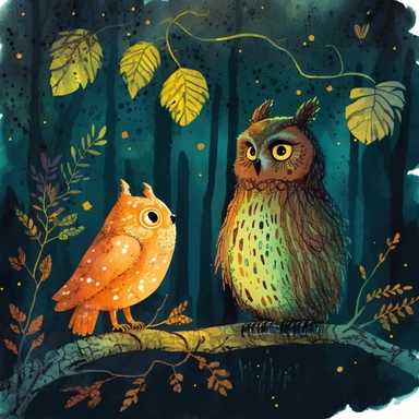 squirrel and owl discuss in night forest vector, childrens storybook illustration. 2d, vibrant luminous colors, Watercolor texture, ink Lines, clipart, sharp, high resolution, green orange and brown warm