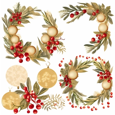 lowers wreaths for christmas clipart, spring clipart, single design include red and gold balls and christmas bells, 8k