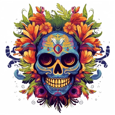 isolated flat clipart on a white background of a spooky day of dead themed voodoo mask tshirt design graphic, in the style of daniel f. gerhartz, transcendent, nikon d850, art of burma, captures the essence of nature, in the style of organic forms and patterns, expansive skies, hyper-detailed illustrations, i can't believe how beautiful this is, lively colors