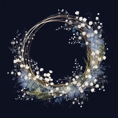 framed by thin border, wide view, central composition, fit in shot, full length, uncropped ,watercolor baby's breath wreathes, clipart, vector, dark background