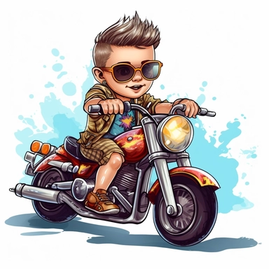 clipart of cute and cool baby boy on a harley davidson multicolor white background