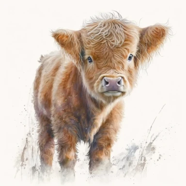 - Watercolour - Baby highland cow - Long hair - Adorable - Clipart - absolutely nothing in the background just a white plain background - Light colours