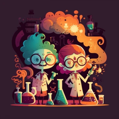 scientists having fun in the laboratory, silly, cute, romantic, fantasy style, high detailled, negative space, clipart, steam punk, vibrant colors