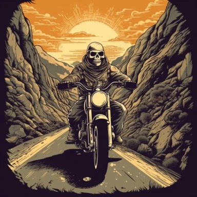 skull head motorcyclist on his harley riding down a steep mountain road clipart