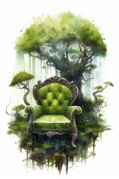 a watercolor painting of an abandoned moss - covered [chair] in a mystical forest, feerie twisted and gnarled trees, glowing shamrock, sparkles, forestpunk, mushroompunk, enchanted, volumetric lighting, clipart style, White background