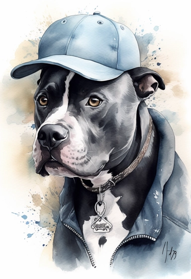 watercolour of a Staffordshire Bull Terrier wearing A gray short-sleeved t-shirt with a light blue denim jacket, Add a black beanie hat and a pair of silver hoop earrings for a casual and cool touch, clipart, colourful, pastel color, watercolour, single sheet