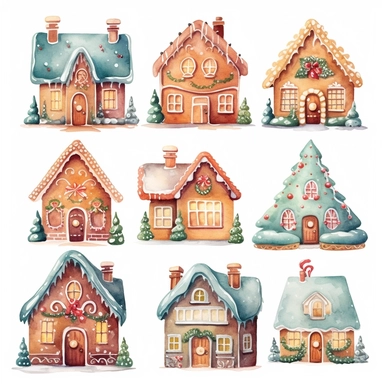 Watercolor xmass sugar cookies, christmas house,little house,ginger cookies,christmas tree, snowflakes,illustrations clipart set, simple, christmas colors, cartoon elements, different variants, , separate elements with a margin