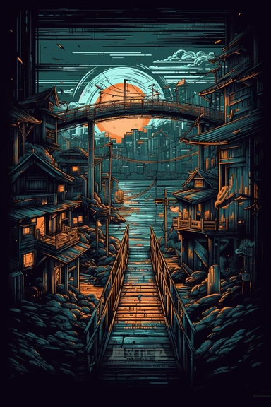 cyberpunk anime clipart scene showing wooden bridge, borderlands style, dynamic composition, neon colors, flat image, cartoon style, grunge effect, action, schematic, dark color palette, futuristic glitch, very high quality, perfect details, perfect lines, ultra clear lines, clipart, isolate on black background, design for tshirt