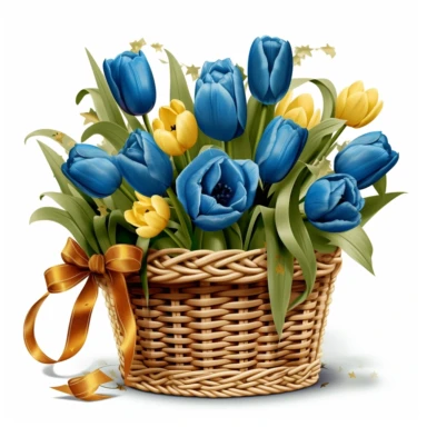 clipart of blue tulips in a basket, in the style of uhd image, high detailed, stock photo, colorful realism, ornate still lifes, isolated on flat white background