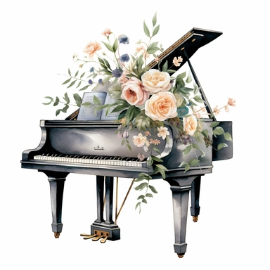 baby grand piano spring floral clipart, white background