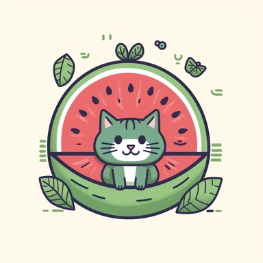 Step into a whimsical summer wonderland with a charming clipart illustration featuring a watermelon and a cat in a delightful cartoon style against a pristine white background. Picture a playful watermelon slice adorned with a friendly cat's face, blending the deliciousness of a juicy fruit with the charm of a feline companion. Utilize a vibrant and lively color palette, incorporating shades of refreshing reds, vibrant greens, and pops of cheerful colors like pink or yellow, to capture the essen