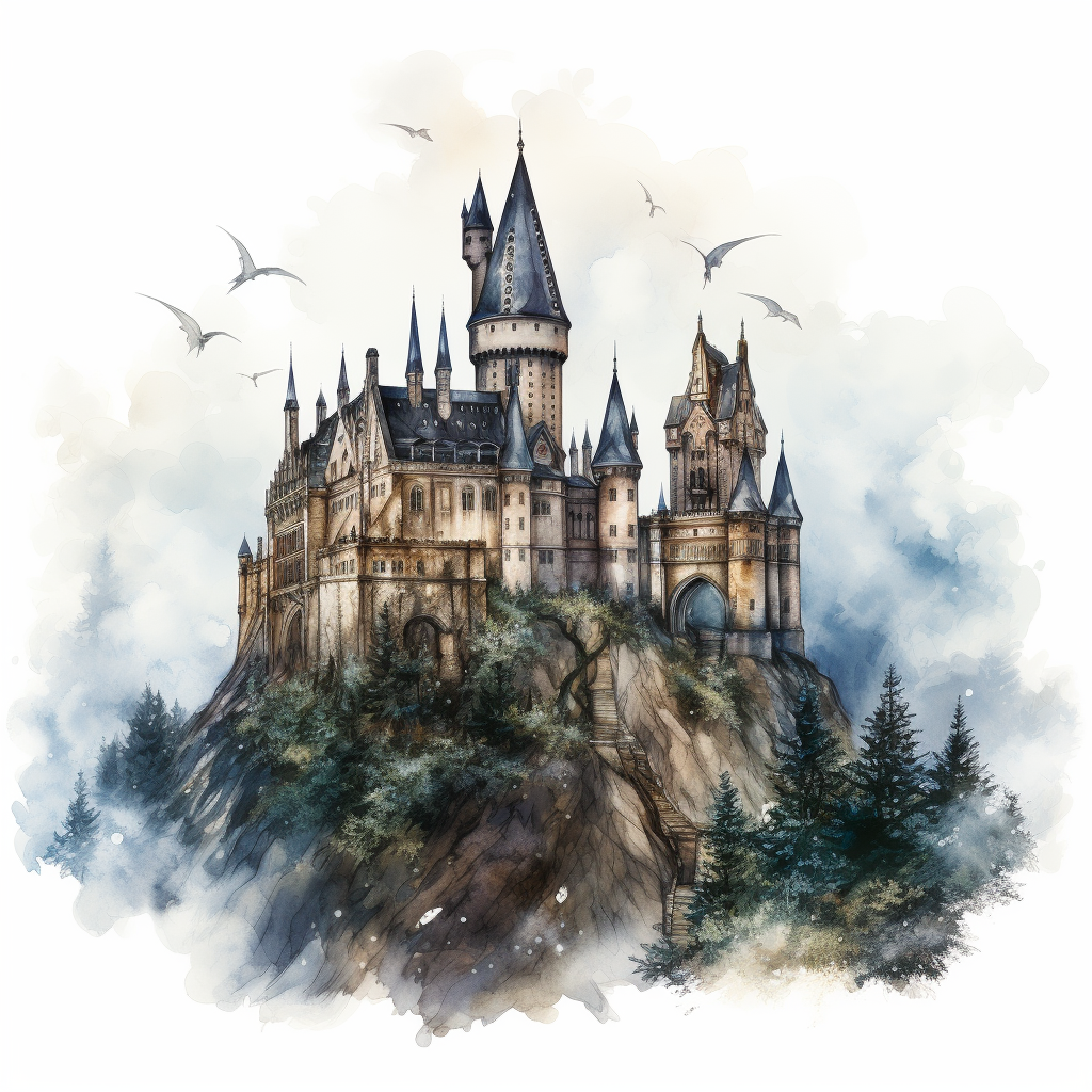 Hand drawn Vintage creepy Hogwarts Castle, no background, watercolor ...