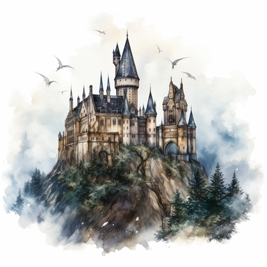 Hand drawn Vintage creepy Hogwarts Castle, no background, watercolor, witchcraft, magical mystery art, cartoon style, very detailed, 8k, clipart, no shadow, single design, print on demand image, PNG transparent, white background for removing background - - no text shadow font watermark