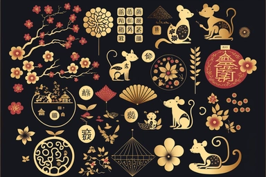 chinese new year design element set rat mouse fireworks cloud lantern flower blossom plum red gold gold coin zodiac signs symbol animal happy 2023 holiday lunar japanese korean vietnamese style traditional geometric text isolated clip art collection bundle silhouette hand-drawn art vector illustration graphic print concept flat line realistic high quality detailed