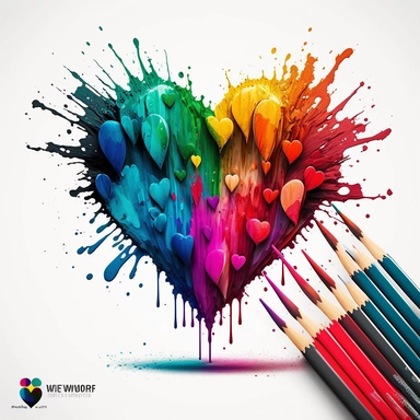 graphic clipart design, theme is “where the art is,” feature paintbrushes colored pencils paint palette, watercolor, flowing bold colors that make the shape of a heart, double exposure, hyper realistic, wide angle, depth of field, centered and isolated on a white background, 8k, logo