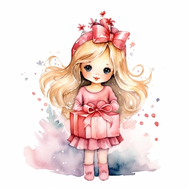 Cute christmas princess present watercolor Clipart