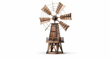 Envision a classic western windmill, standing alone against a stark white background. The windmill is a symbol of the old west, with its wooden structure and spinning blades. The medium is a clipart style, with clean lines and a minimalist aesthetic. The style is reminiscent of vintage western illustrations, with a focus on the iconic silhouette of the windmill. The lighting is neutral, with the white background providing a stark contrast to the dark outline of the windmill. The colors are monoc