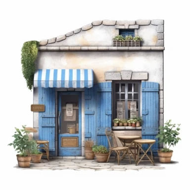 Cozy blue French cafe with a rustic charm. The entrance features blue shutters and wooden details. Inside, the cafe offers a cozy and inviting space with blue-themed decor. Clipart, solid white background, Ultra-detailed, hyper-realistic, intricate detail