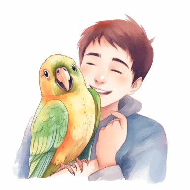 Adorable pet Lovebird having happy moment with it's human owner, water color style, clipart, white background