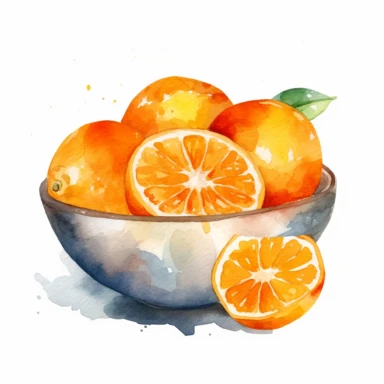 peeled oranges in a bowl, watercolor clipart, minimalist, bright colors, isolated white background, 8k