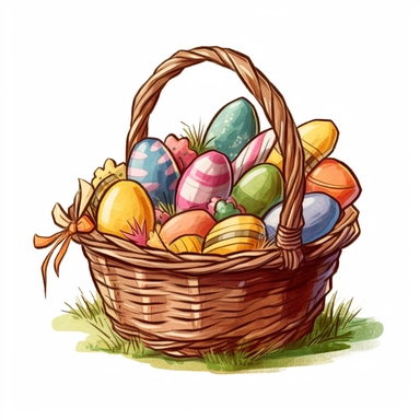The clipart could feature an Easter basket filled with treats such as candy, eggs, and toys. The basket could be decorated with ribbons or bows, and there could be some grass or flowers around it. The treats could be arranged in a neat and colorful display, with some items spilling out of the basket to make it look more inviting.