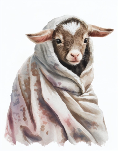 baby goat in a blanket, watercolor clipart, transparent background