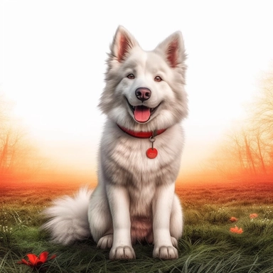 Render same dog as you can see on the picture Cute Animal: Create adorable clipart featuring only one animal for picture charming animal.with pointed ears and red leader, white furry. So it can be used in children's projects, stationery, or as decorative elements. in different pose and different look all in 4K
