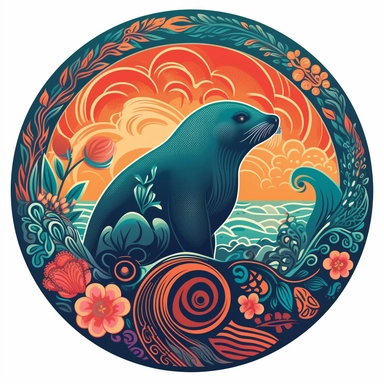 The camera focuses on the beautiful coral reef teeming with colorful fish and swaying plants, creating a stunning backdrop for the graceful movements of a Hawaiian Monk Seal. The seal is depicted in a sleek and simple silhouette style, with its distinctive shape and features captured in bold lines and curves. The circle frame creates a sense of focus and completion, drawing the eye towards the central image of the seal swimming among the vibrant reef. The use of a silhouette style adds a touch o