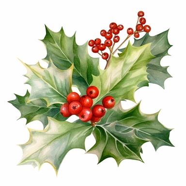 Festive Holly Arrangement Watercolor Art, Beautiful Realistic Clipart, Vibrant Colors, Creative Artistic, Emotional, Detailed, Isolated white background